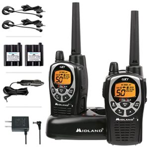 midland 50 channel waterproof gmrs two-way radio – long range walkie talkie with 142 privacy codes, sos siren, and noaa weather alerts and weather scan (black/silver, pair pack)