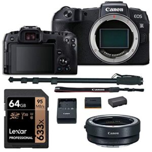 canon eos rp mirrorless dslr camera body, lens converter, lexar 633x u3 64gb memory card, monopod and spare battery (renewed)