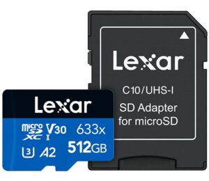 lexar high-performance 633x 512gb microsdxc uhs-i card w/ sd adapter, up to 100mb/s read, for smartphones, tablets, and action cameras (lsdmi512bbnl633a)