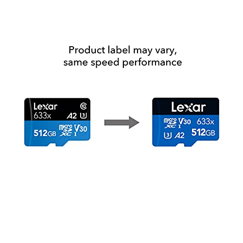 Lexar High-Performance 633x 512GB microSDXC UHS-I Card w/ SD Adapter, Up To 100MB/s Read, for Smartphones, Tablets, and Action Cameras (LSDMI512BBNL633A)