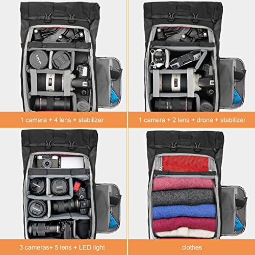 Besnfoto Camera Backpack Waterproof, Photography Bag Roll Top for DSLR SLR Mirrorless Camera with Laptop Compartment Tripod Holder Large Capacity for Hiking Travel Men