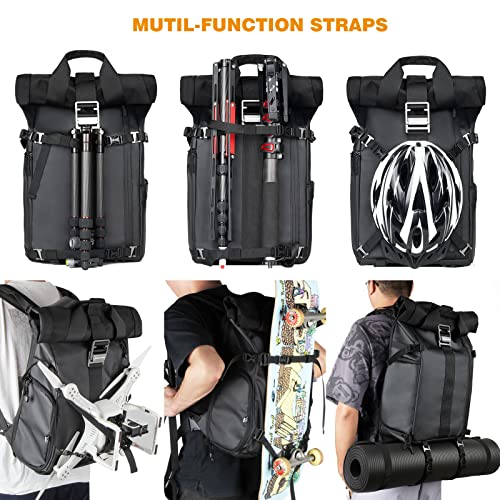 Besnfoto Camera Backpack Waterproof, Photography Bag Roll Top for DSLR SLR Mirrorless Camera with Laptop Compartment Tripod Holder Large Capacity for Hiking Travel Men