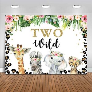 mocsicka two wild backdrop for girl jungle safari animals 2nd birthday party decoration 7x5ft floral leopard photo background for birthday banner (7x5ft (82×60 inch))