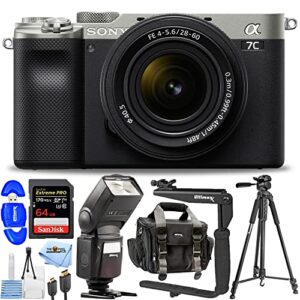 Sony a7C Mirrorless Camera with 28-60mm Lens (Silver) - 10PC Accessory Bundle Includes: Sandisk Extreme Pro 64GB SD, Speedlite Flash, Tripod, Flash Bracket, Gadget Bag and More