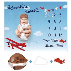 airplane monthly milestone blanket adventure with pilot hat and picture frames aircraft growth tracker calendar soft plush fleece photography prop backdrop newborn baby boy shower gift 40″ x 50″