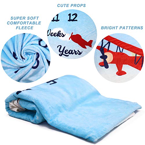 Airplane Monthly Milestone Blanket Adventure with Pilot Hat and Picture Frames Aircraft Growth Tracker Calendar Soft Plush Fleece Photography Prop Backdrop Newborn Baby Boy Shower Gift 40" X 50"