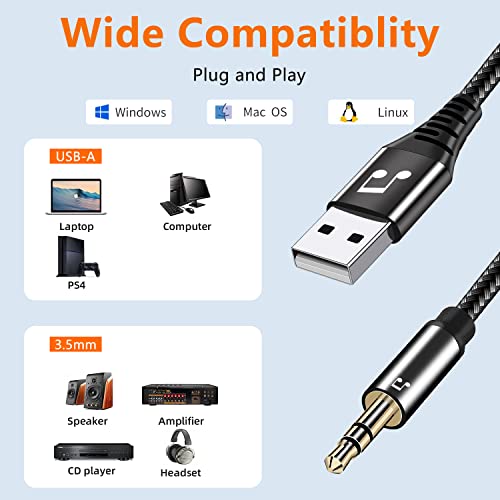 BOIOT 10 FT USB to 3.5mm TRS Audio Jack Adapter，USB Male to 3.5mm Male AUX Stereo Audio Cord，Compatibility with Laptop, Speaker, Windows，Not Applicable to Charging and MP3, Car, TV USB Ports (10FT)