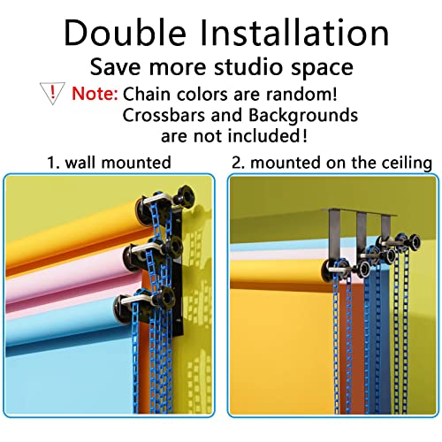 Photography Backdrop Wall Mount 3 Roller Support System, Manual Photo Background Ceiling Holder, Including 2 Tri-fold Hooks, 6 Expand Bars, 3 Chains, for Home Studio Live Stream Game Video