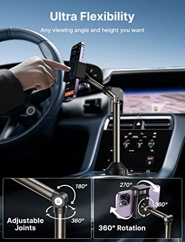 JSAUX Cup Phone Holder for Car Truck with Long Arm, Multi-Adjustable Ultra Stable Cup Holder Phone Mount Cellphone Cradle Compatible with iPhone, Samsung Galaxy, Google Pixel and Other Smart Phones