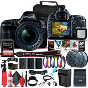 canon eos 5d mark iv dslr camera with 24-70mm f/4l lens (1483c018) + 64gb memory card + color filter kit + filter kit + 2 x lpe6 battery + external charger + card reader + led light + more (renewed)
