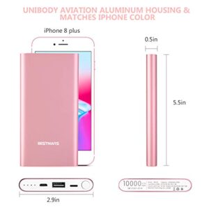 BESTMARS 10000mAh Quick Charge Portable Charger Fast Charging Power Bank Slim Back Up Battery Pack for iPhone 14 13 12 X XS PRO MAX 8 7 6 6s Plus iPad Android Samsung Galaxy Cell Phone Rose Gold Pink