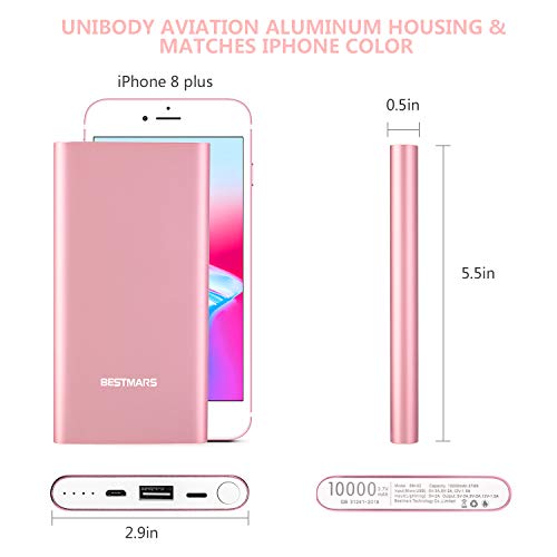 BESTMARS 10000mAh Quick Charge Portable Charger Fast Charging Power Bank Slim Back Up Battery Pack for iPhone 14 13 12 X XS PRO MAX 8 7 6 6s Plus iPad Android Samsung Galaxy Cell Phone Rose Gold Pink