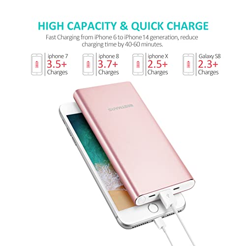 BESTMARS 10000mAh Quick Charge Portable Charger Fast Charging Power Bank Slim Back Up Battery Pack for iPhone 14 13 12 X XS PRO MAX 8 7 6 6s Plus iPad Android Samsung Galaxy Cell Phone Rose Gold Pink