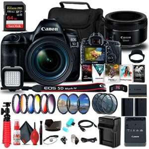 canon eos 5d mark iv dslr camera with 24-70mm f/4l lens (1483c018) + canon ef 50mm lens + 64gb memory card + color filter kit + 2 x lpe6 battery + external charger + card reader + more (renewed)