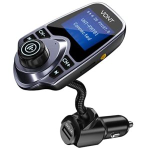 bluetooth fm transmitter for car [2023 upgraded] bluetooth car adapter kit, huge 1.44-inch display, sd/tf card support, aux input, compatible w/all smartphones, ipods, fm transmitter bluetooth