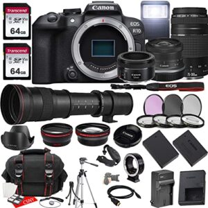 canon eos r10 mirrorless camera w/rf-s 18-45mm f/4.5-6.3 is stm + ef 75-300mm f/4-5.6 iii + ef 50mm f/1.8 stm + 420-800mm f/8.3 hd lenses + 2x 64gb memory, case, filters, tripod & more (35pc bundle)