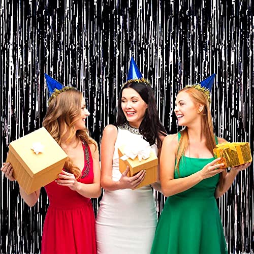 HalloweenDecorate 4 Pack Black Foil Fringe Curtain Backdrop, 3.28Ft x 8.2Ft Metallic Tinsel Streamer Curtains for Party, Photo Booth Props, Birthday, 2022 Graduation Decoration Party Supplies