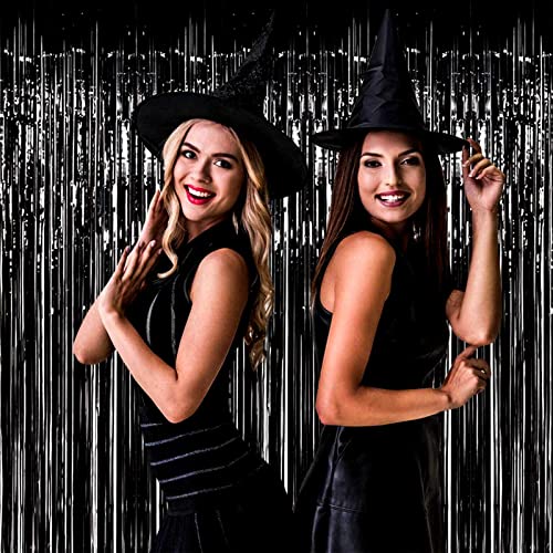 HalloweenDecorate 4 Pack Black Foil Fringe Curtain Backdrop, 3.28Ft x 8.2Ft Metallic Tinsel Streamer Curtains for Party, Photo Booth Props, Birthday, 2022 Graduation Decoration Party Supplies