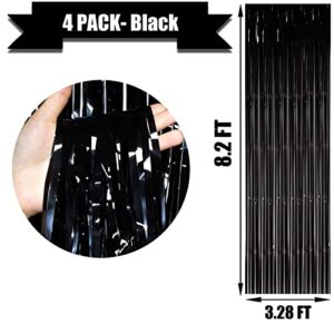 HalloweenDecorate 4 Pack Black Foil Fringe Curtain Backdrop, 3.28Ft x 8.2Ft Metallic Tinsel Streamer Curtains for Party, Photo Booth Props, Birthday, 2022 Graduation Decoration Party Supplies