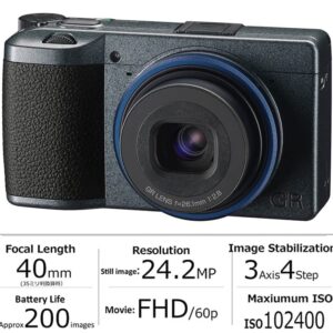 Ricoh GR IIIx Urban Edition, Metallic Gray Body with Navy Blue Ring, Digital Compact Camera with 24MP APS-C Size CMOS Sensor, 40mmF2.8 GR Lens (in The 35mm Format)