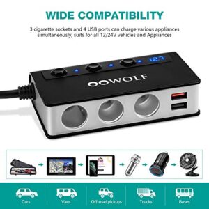 OOWOLF Cigarette Lighter Adapter Quick Charge 3.0 180W 12V/24V 3-Socket Power Splitter 4 USB Ports Car Power Adapter Car Splitter for GPS, Dash Cam, Sat Nav, Phone, Tablet, etc