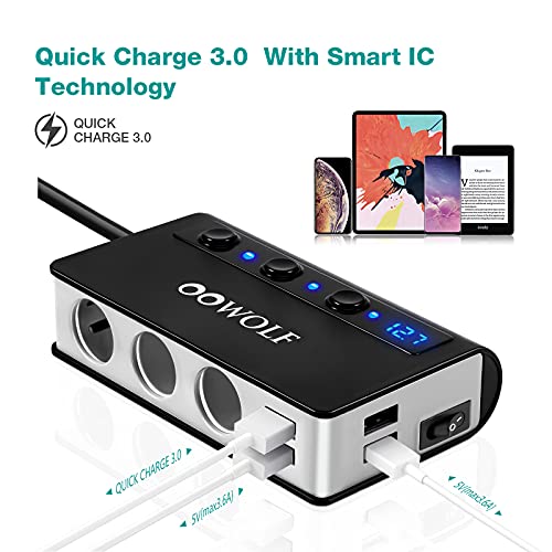 OOWOLF Cigarette Lighter Adapter Quick Charge 3.0 180W 12V/24V 3-Socket Power Splitter 4 USB Ports Car Power Adapter Car Splitter for GPS, Dash Cam, Sat Nav, Phone, Tablet, etc