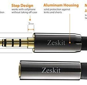 Zeskit Premium 3.5mm Jack Male to Female AUX Audio Extension Cable, TRRS 4 Poles for Headphones with Mic, Speakers - 6ft