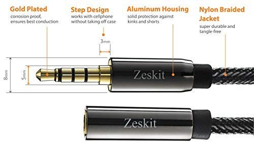 Zeskit Premium 3.5mm Jack Male to Female AUX Audio Extension Cable, TRRS 4 Poles for Headphones with Mic, Speakers - 6ft