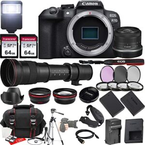 canon eos r10 mirrorless camera w/rf-s 18-45mm f/4.5-6.3 is stm lens + 420-800mm f/8.3 hd manual telephoto lens + 2x 64gb memory + hood + case + filters + tripod & more (35pc bundle)