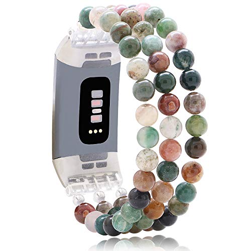 C&L Accessories Compatible with Fitbit Charge 3 Charge 4 Bands, Handmade Feminine Stretch Natural Stone Beaded Adjustable Bracelet Band for Women Girls (Indian Agate)