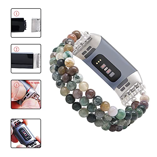 C&L Accessories Compatible with Fitbit Charge 3 Charge 4 Bands, Handmade Feminine Stretch Natural Stone Beaded Adjustable Bracelet Band for Women Girls (Indian Agate)