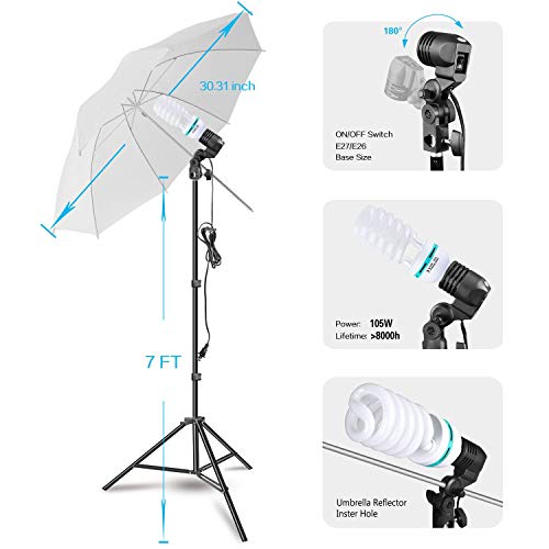 HYJ-INC Photography Photo Video Studio Background Stand Support Kit with 3 Muslin Backdrop Kits (White/Black/Chromakey Green Screen Kit),1050W 5500K Daylight Umbrella Lighting Kit with Carry Bag