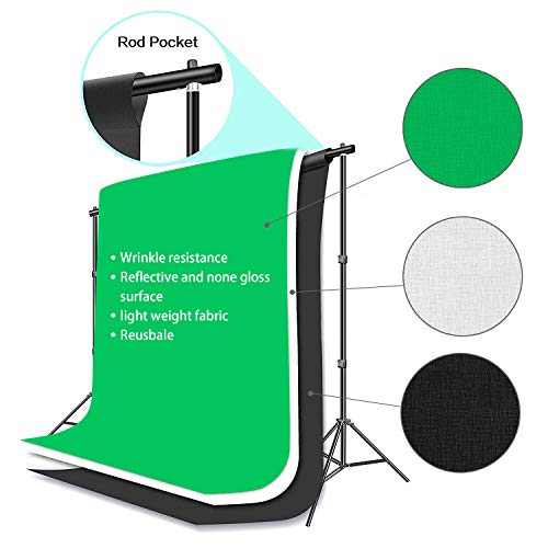 HYJ-INC Photography Photo Video Studio Background Stand Support Kit with 3 Muslin Backdrop Kits (White/Black/Chromakey Green Screen Kit),1050W 5500K Daylight Umbrella Lighting Kit with Carry Bag