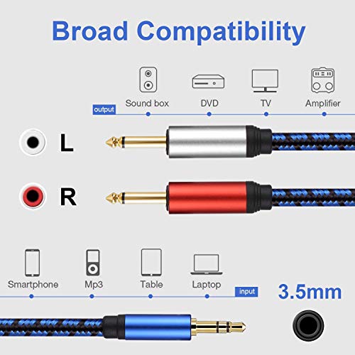 NC XQIN 3.5mm 1/8" TRS to Dual 6.35mm 1/4" TS Mono Stereo Y-Cable Splitter Cord Compatible for iPhone, iPod, Computer Sound Cards, CD Players, Multimedia Speakers and Home Stereo Systems 30FT