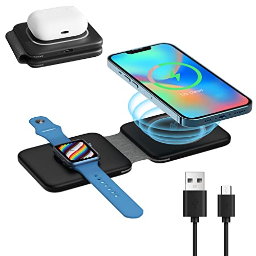 DREU Magnetic Foldable Charging Pad Portable Wireless Chargers 3 in 1, Fast Wireless Charging Station Compatible with QI Phones, iPhone 14/13/12/SE/11/XS/8, Samsung, AirPods Pro, Ap-ple Watches