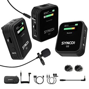 synco g2(a2) 2.4ghz-wireless-lavalier-microphone-system tft screen with 1 receiver，2 transmitter/2 external lav-mic,low cut filter function for dslr cameras camcorders smartphones and tablets recorder