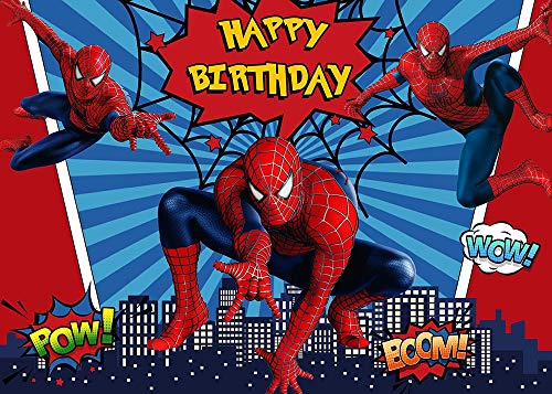 MengGeGe Cartoon Red Spiderman Photography Backdrop Super Cityscape Photo Background Baby Boys Girls Happy Birthday Supplies Superhero Party Banner Cake Table Decorations 8x6ft