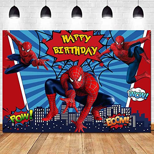 MengGeGe Cartoon Red Spiderman Photography Backdrop Super Cityscape Photo Background Baby Boys Girls Happy Birthday Supplies Superhero Party Banner Cake Table Decorations 8x6ft