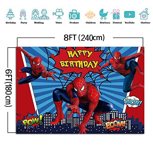 MengGeGe Cartoon Red Spiderman Photography Backdrop Super Cityscape Photo Background Baby Boys Girls Happy Birthday Supplies Superhero Party Banner Cake Table Decorations 8x6ft