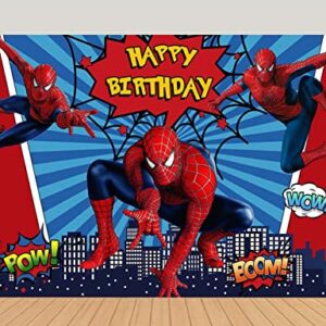 MengGeGe Cartoon Red Spiderman Photography Backdrop Super Cityscape Photo Background Baby Boys Girls Happy Birthday Supplies Superhero Party Banner Cake Table Decorations 8x6ft