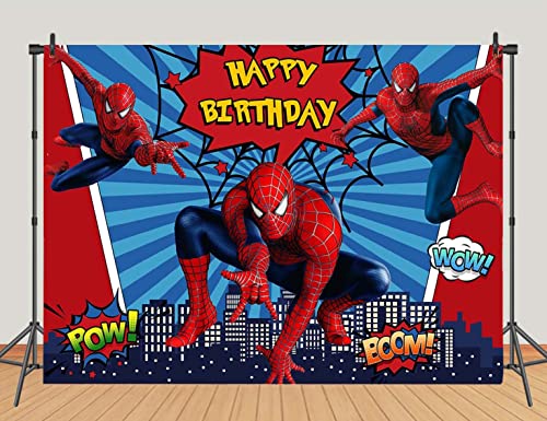 MengGeGe Cartoon Red Spiderman Photography Backdrop Super Cityscape Photo Background Baby Boys Girls Happy Birthday Supplies Superhero Party Banner Cake Table Decorations 8x6ft