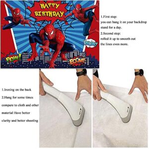 MengGeGe Cartoon Red Spiderman Photography Backdrop Super Cityscape Photo Background Baby Boys Girls Happy Birthday Supplies Superhero Party Banner Cake Table Decorations 8x6ft