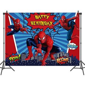 MengGeGe Cartoon Red Spiderman Photography Backdrop Super Cityscape Photo Background Baby Boys Girls Happy Birthday Supplies Superhero Party Banner Cake Table Decorations 8x6ft