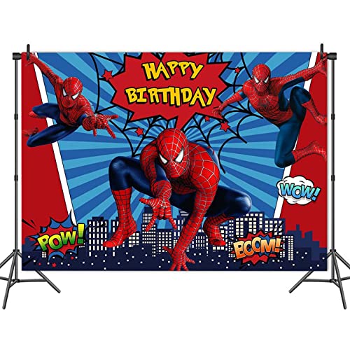 MengGeGe Cartoon Red Spiderman Photography Backdrop Super Cityscape Photo Background Baby Boys Girls Happy Birthday Supplies Superhero Party Banner Cake Table Decorations 8x6ft