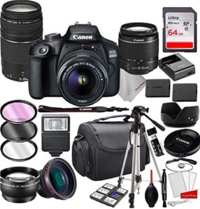 4000d (rebel t100) dslr camera with 18-55mm f/3.5-5.6 iii zoom lens & 75-300mm iii lens bundle + 64gb memory, case, tripod, extra battery and more