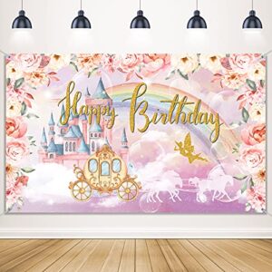 princess birthday party decorations supplies princess theme backdrop background banner for girl birthday party favor gold and pink royal castle carriage crown floral photography booth cake table decor