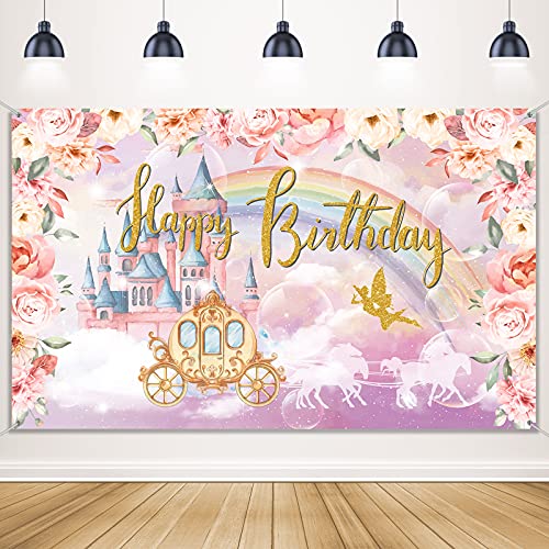 Princess Birthday Party Decorations Supplies Princess Theme Backdrop Background Banner for Girl Birthday Party Favor Gold and Pink Royal Castle Carriage Crown Floral Photography Booth Cake Table Decor