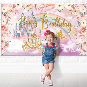 Princess Birthday Party Decorations Supplies Princess Theme Backdrop Background Banner for Girl Birthday Party Favor Gold and Pink Royal Castle Carriage Crown Floral Photography Booth Cake Table Decor