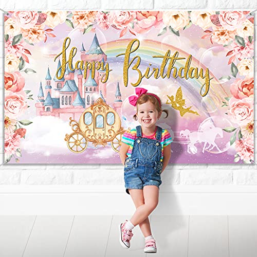 Princess Birthday Party Decorations Supplies Princess Theme Backdrop Background Banner for Girl Birthday Party Favor Gold and Pink Royal Castle Carriage Crown Floral Photography Booth Cake Table Decor