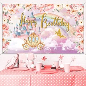 Princess Birthday Party Decorations Supplies Princess Theme Backdrop Background Banner for Girl Birthday Party Favor Gold and Pink Royal Castle Carriage Crown Floral Photography Booth Cake Table Decor